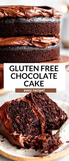 a chocolate cake on a plate with the words gluten free chocolate cake