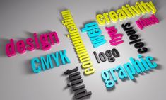 the words design, creativity, cmyk, logo and graphic are arranged in different colors