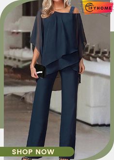 Casual Solid Patchwork Oblique Collar Two Pieces(5 Colors) Fashion Over 50 Fifty Not Frumpy, Costum Elegant, Socialite Style, Jumpsuit Elegant, Chiffon Fashion, Bat Sleeve, Boutique Dress Designs, فستان سهرة, Boutique Dress