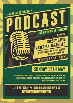 a poster for an event with a microphone and sound waves in the background that reads, your event podcast live streaming at instream