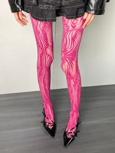 This price is for a pair of tights only, others are not included. Red Pink Outfit, Pink Tights Outfit, Funky Tights, Cool Tights, Pattern Tights, Pink Tights, Red Floral Pattern, Tights Socks, Patterned Tights