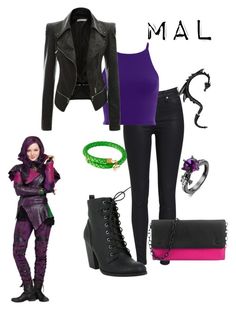 a woman in black and purple outfit with boots