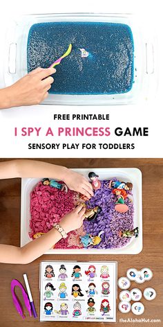 I spy a disney princess sensory bin with colored rice and colored pasta. Download our free disney princess activity page and play a princess matching game while your toddler or preschool kids work on matching skills, hand eye coordination, and their fine motor skills. Lots of creative fun. Add disney princess matching game to taste safe chia seed slime or colored oobleck (recipes included) and play "I Spy a Disney Princess" with your toddler. Great play based learning activity! Fairytale Sensory Activities, Princess Sensory Bin, Chia Seed Slime, Fairy Tales Kindergarten, Sensory Play For Toddlers, Fairy Tales Preschool, Princess Activities, Sensory Play Toddlers, Fairy Tale Activities