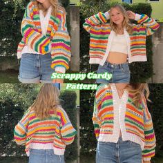 three pictures of a woman wearing a colorful striped cardigan sweater and denim shorts with her hands on her hips