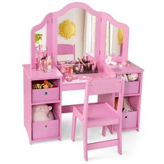 a pink vanity with mirror and stools