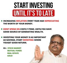 a man in white shirt holding his hand up with the words start investing until it's to late