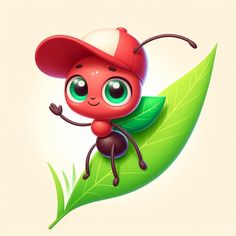 a cute little red bug with big eyes sitting on a green leaf wearing a baseball cap