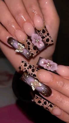 Nail Inspiration Birthday, Fall Y2k Nails, Purple And Brown Nails, Pink And Brown Nails Design, Nails Cute Aesthetic, Cheetah Print Nails, Punk Nails, Hard Nails, Leopard Print Nails