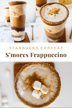 two drinks with marshmallows in them and the words starbucks's copycat smores frappuccino