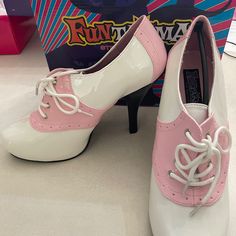 Stylish - Saddle Shoes - Various Sizes Available While Supplies Last Perfect For 50s Themed Pink Size 6 - 2 Pairs Size 7 - 2 Pairs Size 8 - 1 Pair Size 10 - 1 Pair Size 11 - 2 Pairs Size 12 - 2 Pairs 50s Womens Shoes, Pink High Heels Aesthetic, 50s Heels, Crazy High Heels, 50s Shoes, Gold Block Heel Sandals, Diner Aesthetic, Saddle Shoe, Vintage High Heels