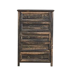 an old wooden chest with drawers and knobs on the bottom, against a white background