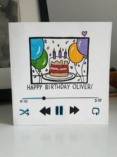 a happy birthday card with an image of a cake and balloons on it's side