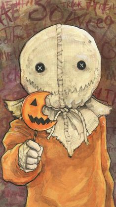 a drawing of a scarecrow holding a jack o lantern