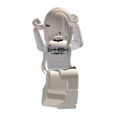 a white lego figure is standing with his hands in the air