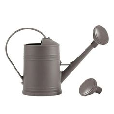 a gray watering can with two handles on the side and one handle attached to it