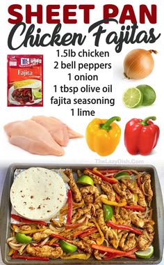 chicken fajita recipe in a pan with text overlay that reads sheet pan chicken fajitas