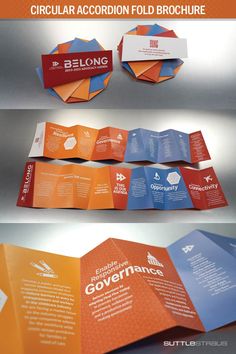 three fold brochure with different colors and designs on it, one is orange, the other is blue