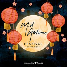 the mid autumn festival with paper lanterns and flowers in front of a full moon background