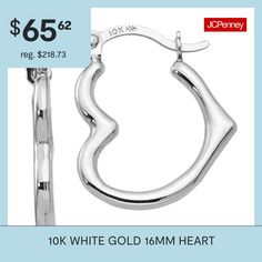 Features: Huggie, Quick ShipEarring Back: HingedShape: HeartMetal Color: WhiteEarring Length: 16mmEarring Width: 13mmCare: Wipe CleanEarrings Style: Hoop EarringsMetal: 10k White GoldCountry of Origin: Imported Heart Hoop Earrings, Earrings Hoop, Hoop Earrings, White Gold, Gold, White, Color