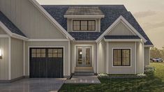 this is an artist's rendering of a two - story house with front porch and garage