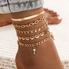 Vintage Bohemian 5 Layered Gold Ankle Bracelets Leg Chain Anklets, Y2k Aesthetic Nails, Butterfly Anklet, Anklet Set, Summer Beach Jewelry, Beaded Ankle Bracelets, Anklets For Women, Crystal Anklet, Leg Chain