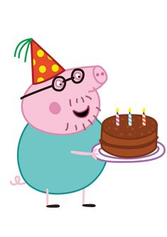 a cartoon pig holding a cake with candles on it