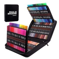 a case filled with lots of colored pencils next to a black bag full of markers