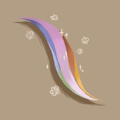 an abstract rainbow colored wave on a brown background with white stars and butterflies around it