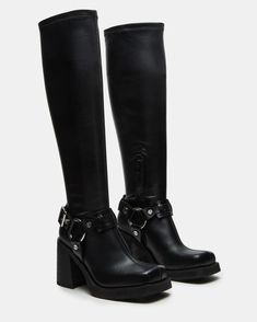 ONYX Black Knee-High Moto Boot | Women's Boots – Steve Madden Statement Boots, Acne Studio, Steve Madden Boots, Leather Socks, Black Knees, Moto Boots, Women's Boots, The Knee, Knee High