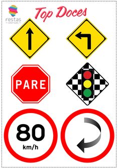 various road signs are shown with the words'top does'and'pare '