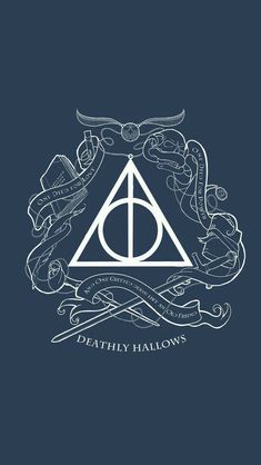 the deathly hallows logo on a dark blue background with ribbons and scrolls around it