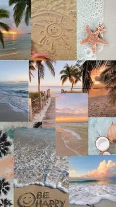 a collage of photos with palm trees and the ocean in the background that says be merry