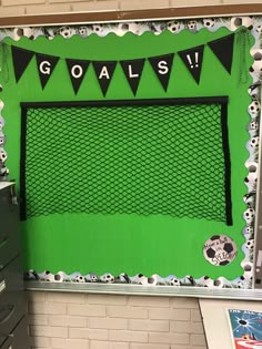 Soccer Themed Classroom, Football Theme Decoration Ideas, Soccer Poster Ideas For Team, Soccer Locker Room Decorations, Soccer Board Ideas, Pe Classroom Ideas, Soccer Theme Classroom, Sports Classroom Decor, Soccer Classroom Theme