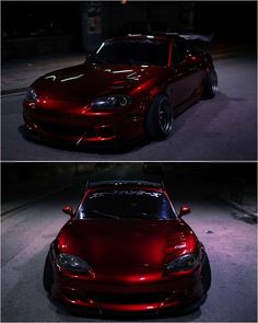 two pictures of a red sports car in the dark