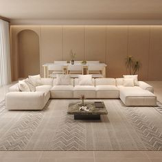 a living room filled with lots of furniture and a white rug on top of a floor