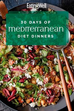 a plate with some food on it and the title reads 30 days of mediterranean diet dinners