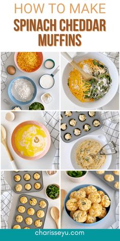 the steps to make spinach cheddar muffins are shown in this collage