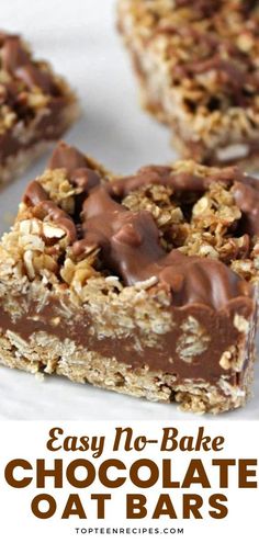 easy no - bake chocolate oat bars on a white plate with text overlay