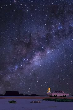 a car is parked under the night sky with stars above it and a person standing on top