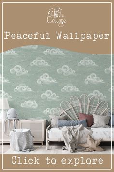 an advertisement for a wallpaper store with clouds on the wall and a bed in the foreground