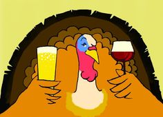 a turkey holding up two glasses of beer