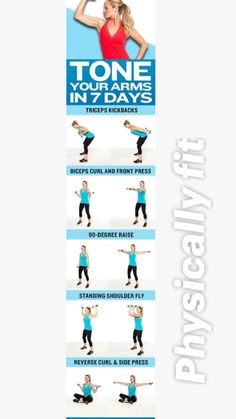 a woman doing yoga poses with the text tone your arms in 7 days