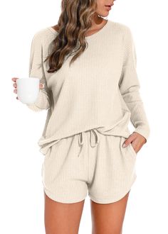 PRICES MAY VARY. 【Material】：80% Polyester + 20% Spandex, this pajama set is soft, lightweight, and comfortable, ensuring a relaxing and cozy experience. 【Features】:This waffle knit loung set includes a long-sleeve crew-neck top and matching shorts.The elastic waistband and drawstring on the shorts provide a custom and secure fit, while the pockets on both sides offer convenient storage for small items. 【Feelings】:This pajama set for women is a comfortable and stylish choice for lounging around t Pijamas Women, Knit Lounge Set, Womens Loungewear Sets, Set Outfits, Nightwear Women, Cute Pajamas, Sleepwear Sets, Loungewear Set, Pajamas Set