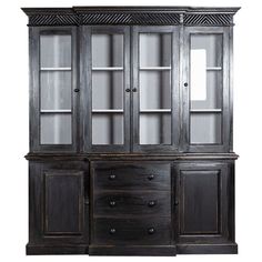 an old black china cabinet with glass doors and drawers on the bottom, against a white background