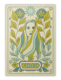 the virgo tarot card with an image of a woman's face surrounded by leaves and flowers