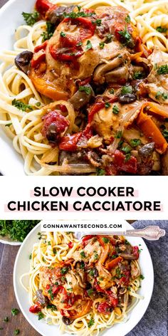 slow cooker chicken cacciatore with pasta and vegetables in it on a white plate