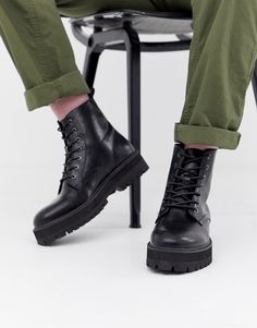 ASOS DESIGN black lace up boots in faux leather with raised chunky sole | ASOS Black Lace Up Boots, Army Boots, Men Fashion Casual Outfits, Chunky Boots, Sneakers Men Fashion, Designer Boots