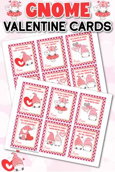 valentine's day card game with gnomes and hearts in red, white and pink