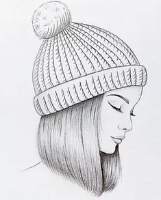 a drawing of a woman wearing a knitted hat with a pom - pom