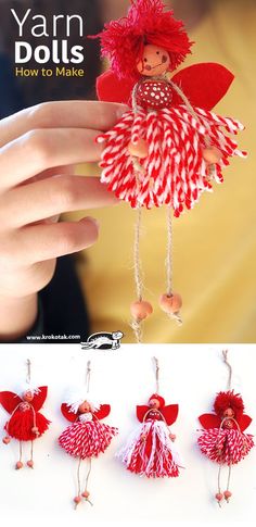 an image of a doll hanging from a string with red and white decorations on it